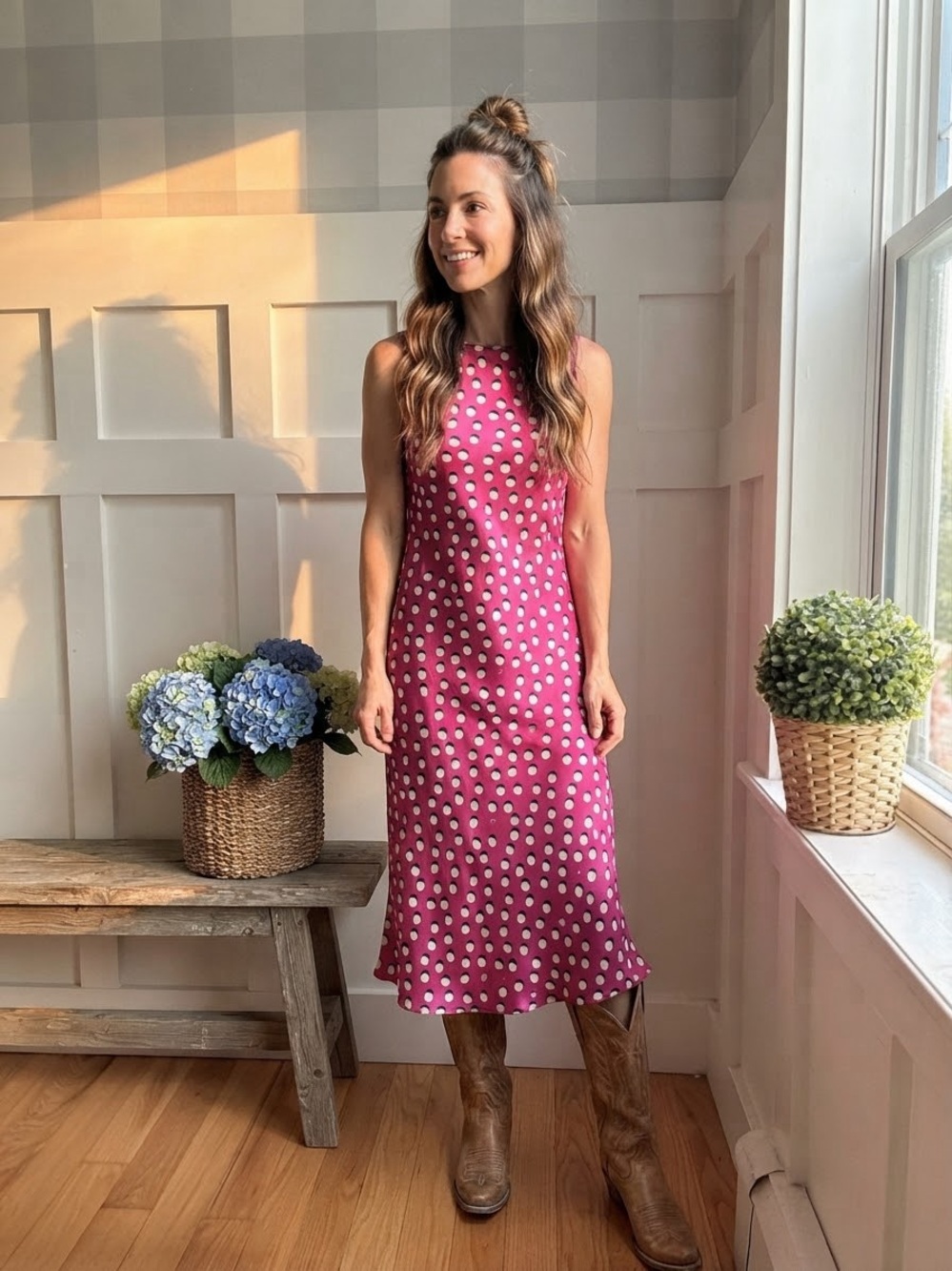 Talbots Fuchsia Polka Dot Midi Dress